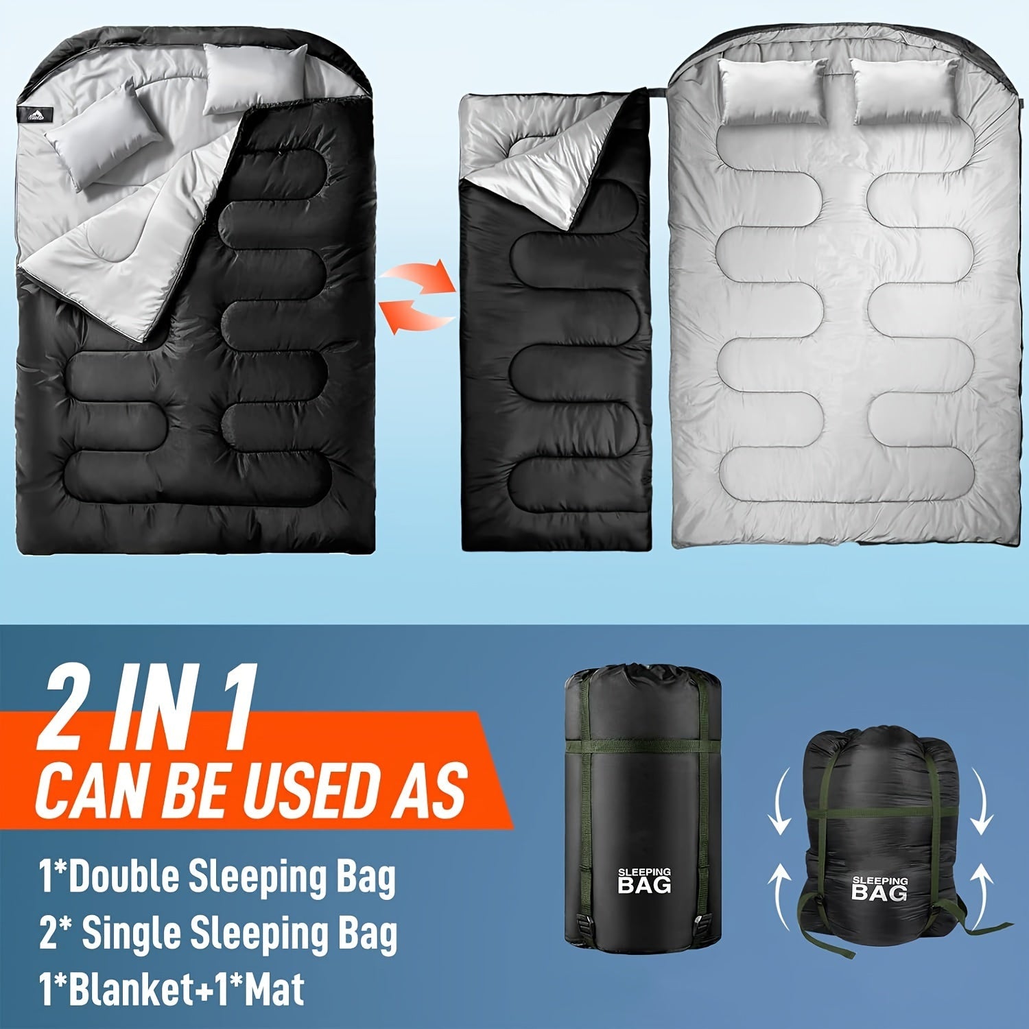 Deluxe 2-in-1 Camping Sleeping Bag with Pillow – Perfect for Camping and Outdoor Adventures