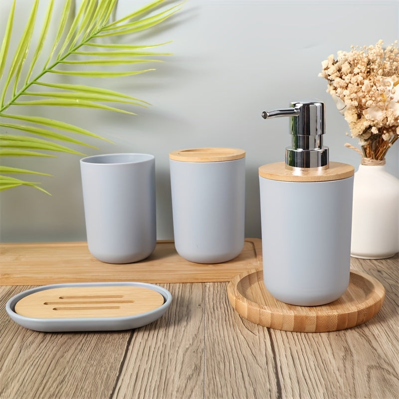 Bathroom Accessories Set with Bamboo Lid – 4-Piece Set for Bathroom Decor