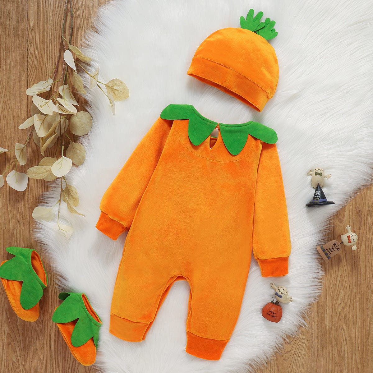 Halloween Pumpkin Outfit - Cute Jumpsuit with Hat and Slippers