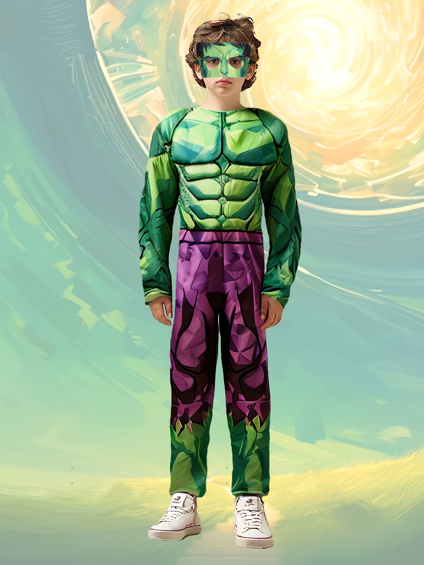 Superhero Costume for Kids – Green Jumpsuit with Muscle Design and Mask