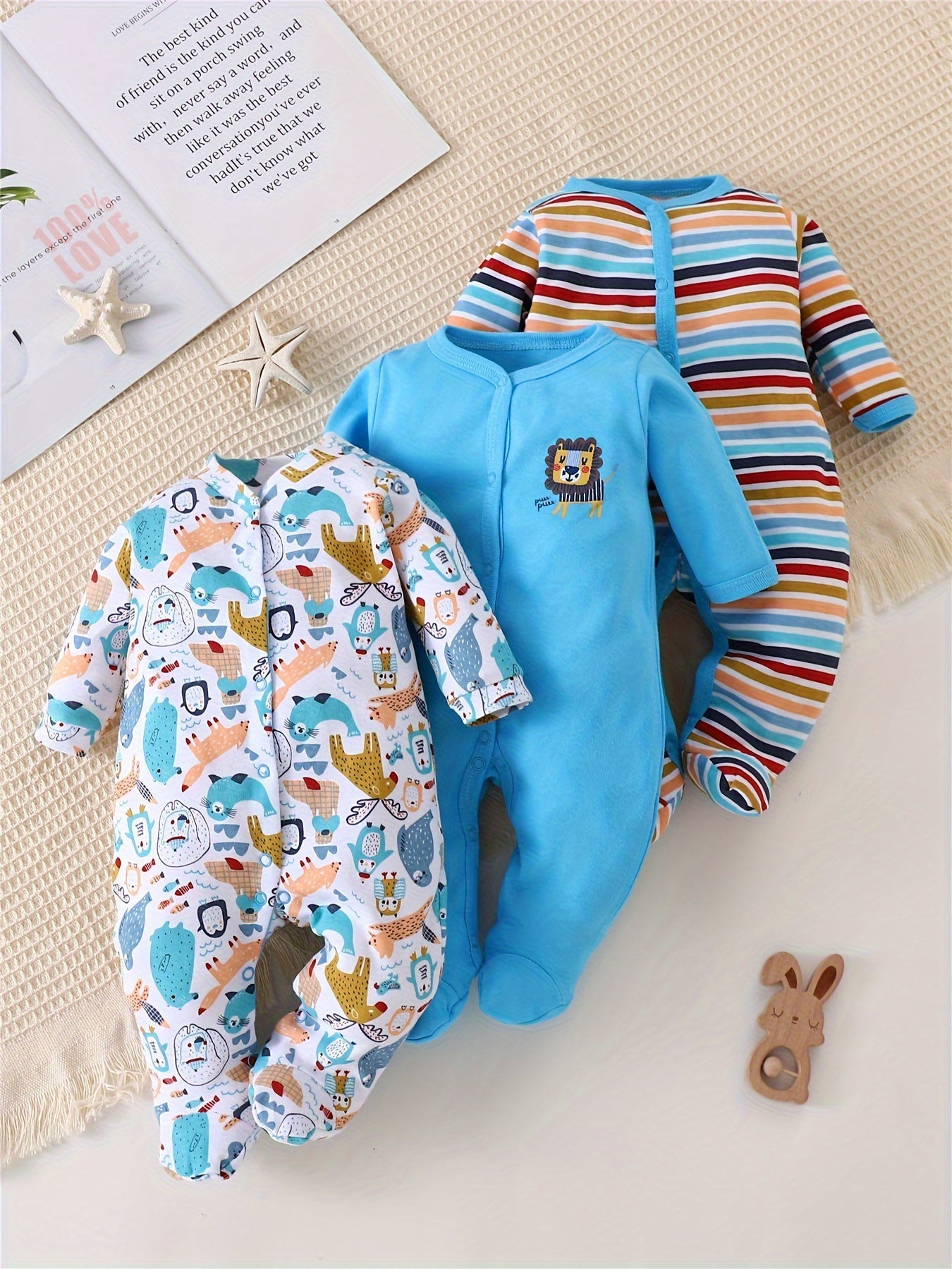 3-Piece Baby Romper Set with Animal Prints – Long Sleeves for Outdoor Activities