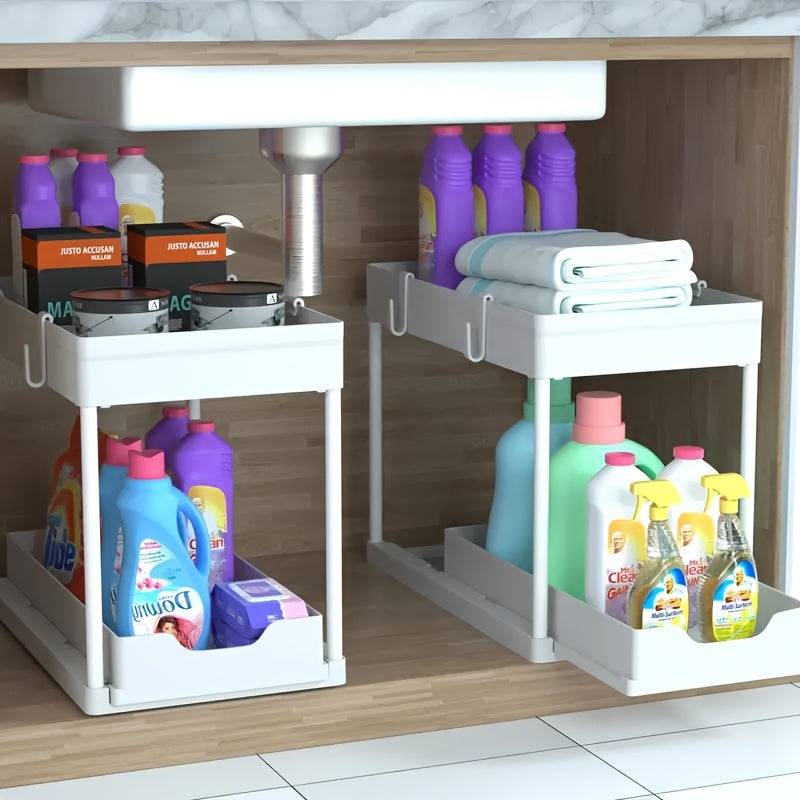 2-Tier Organizer with Hooks and Cup – Smart and Stable Storage System for Under-Counter or Countertop