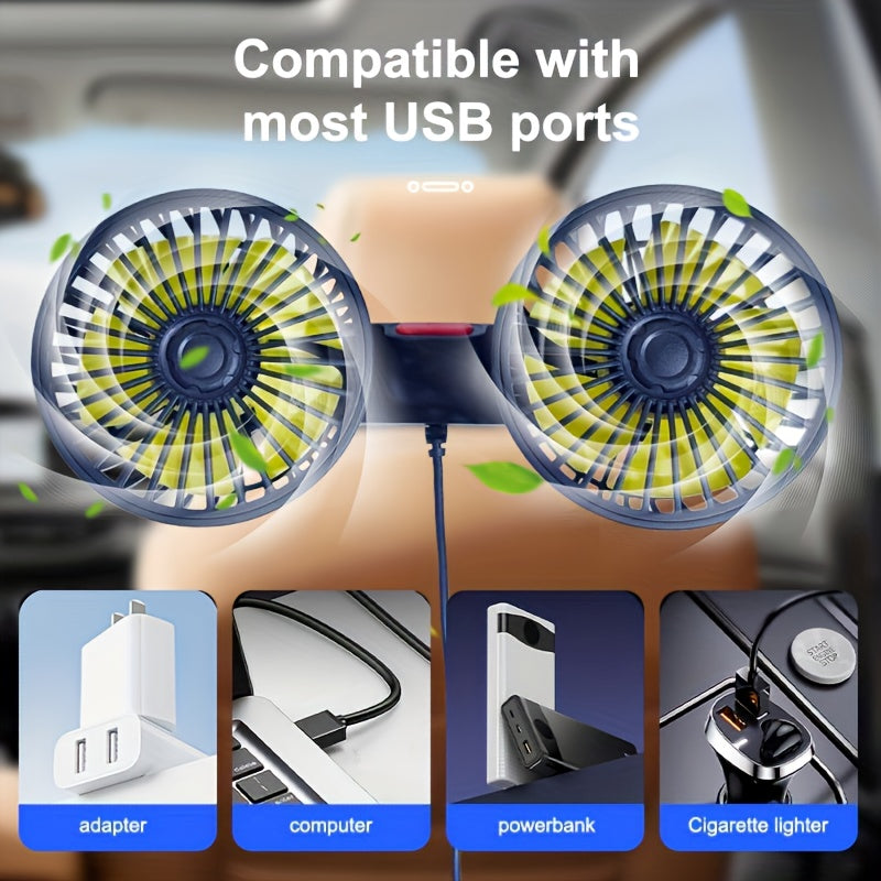 Portable Dual Car Fan – 5-Blade 360° Rotating Ultra-Quiet