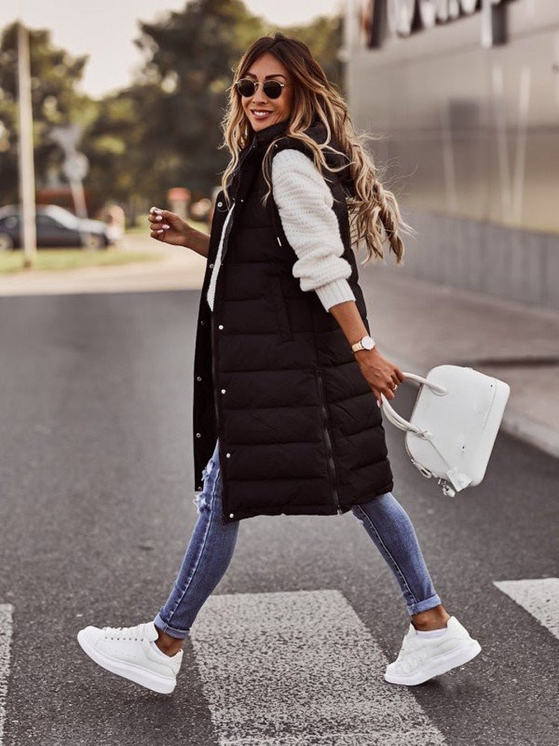 Trendy Knee-Length Quilted Vest - Stylish and Comfortable for Cold Days