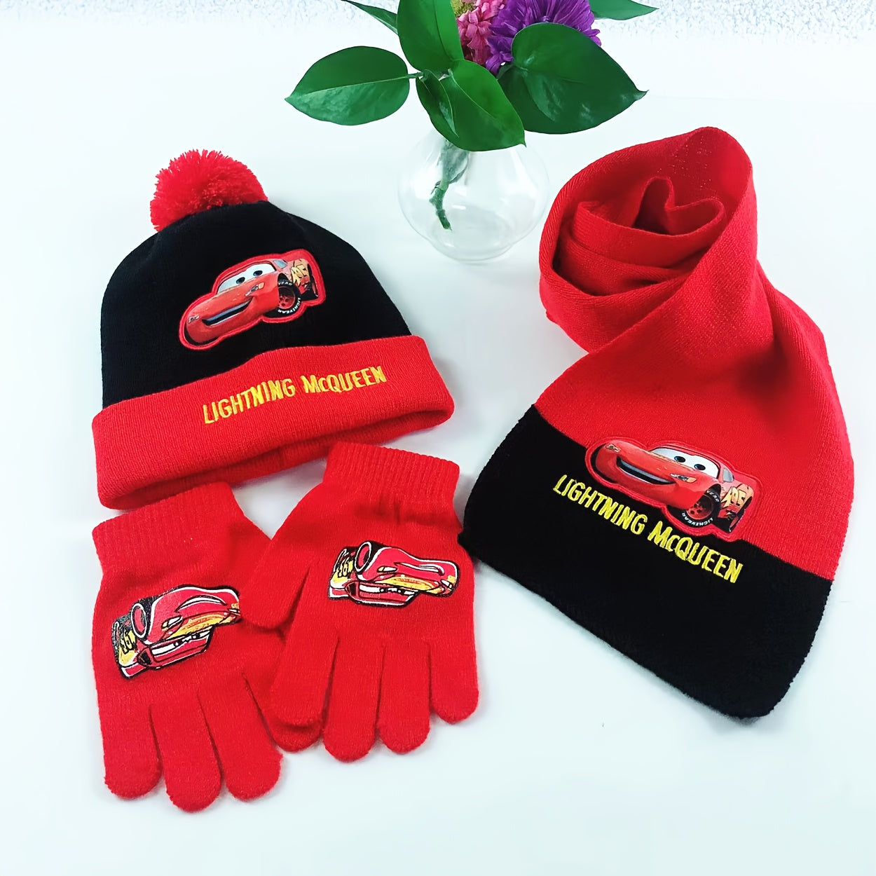Lightning McQueen Winter Set – Hat, Gloves, and Scarf for Kids