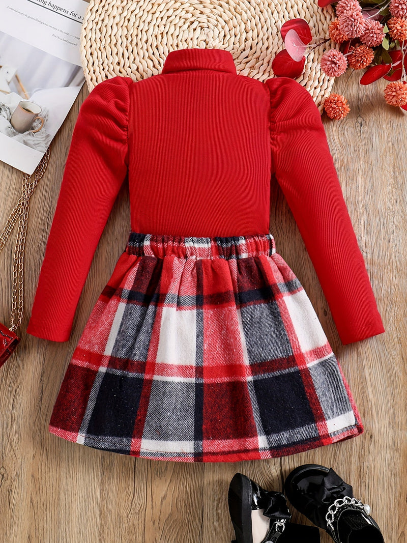 Feline Elegant Turtleneck Outfit for Kids - Checkered Skirt and Sweater Set