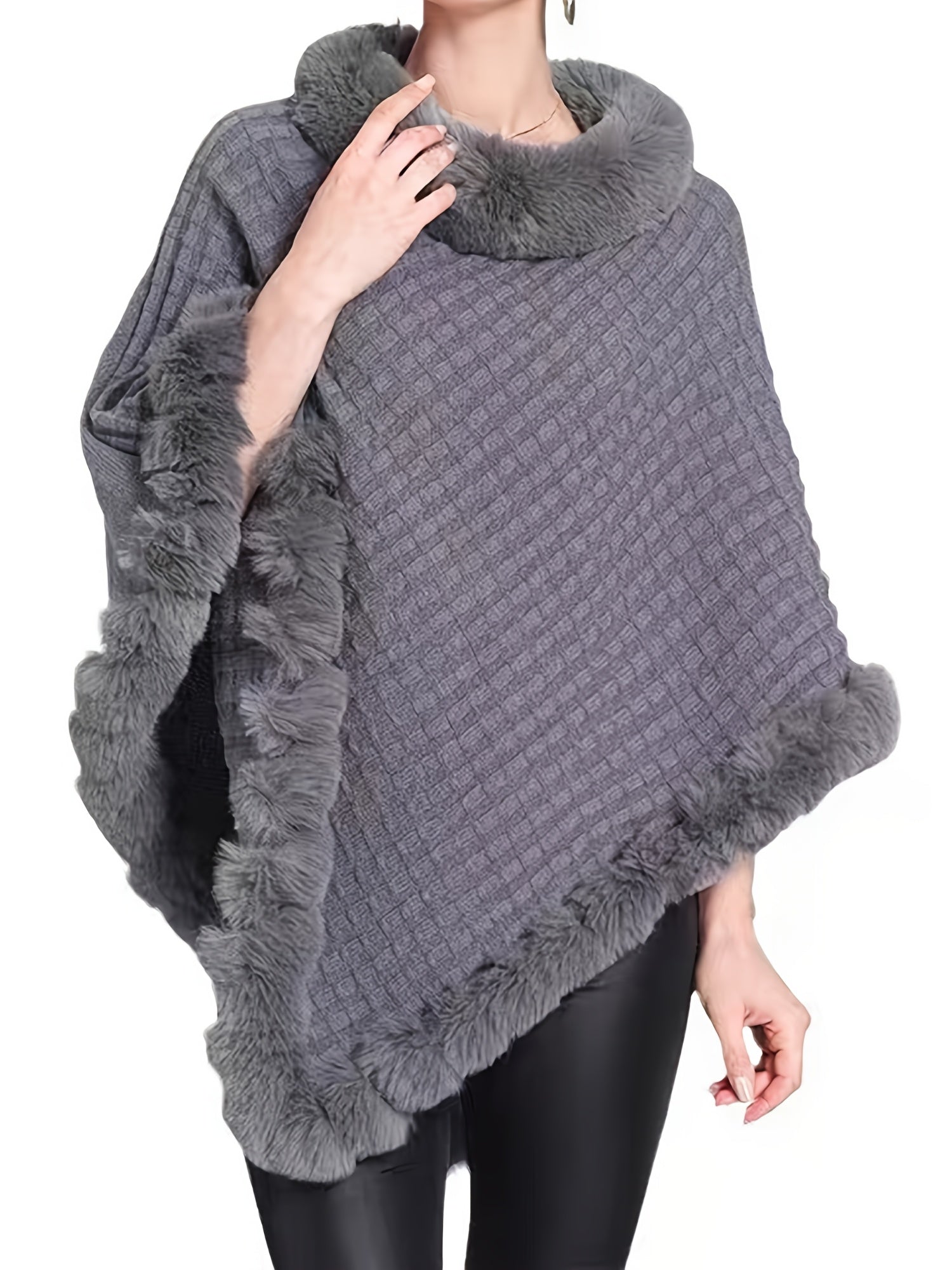 Luxury Thick Knit Turtleneck Sweater for Women - With Faux Fur Trim and Chic Pullover Cape for Winter