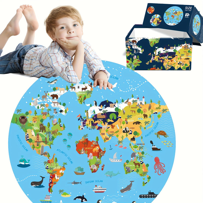 70-Piece Animal Floor Puzzle – Round World Map Design for Kids