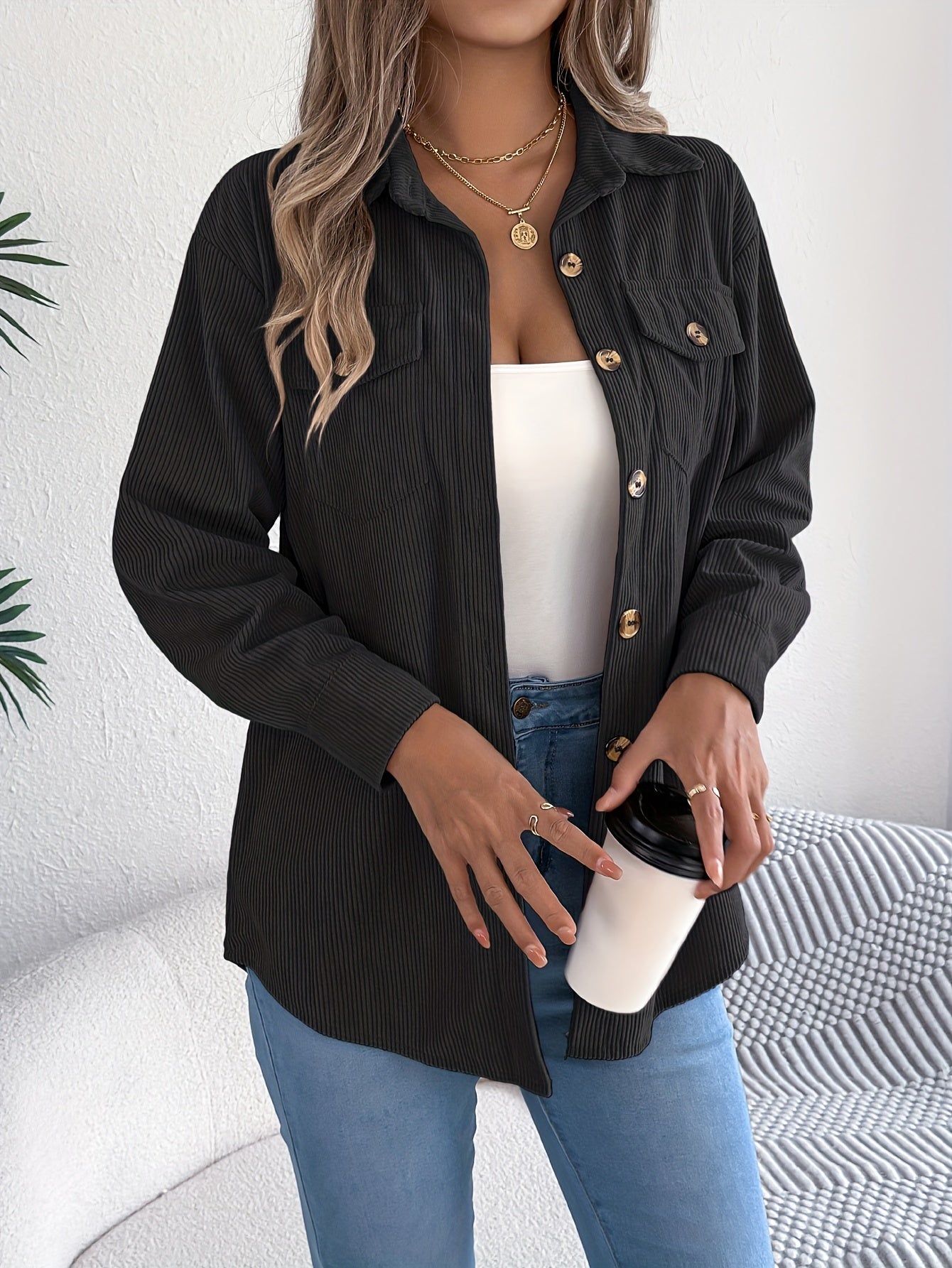 Casual Corduroy Jacket for Women – Long Sleeves and Classic Collar, Perfect for Fall and Winter