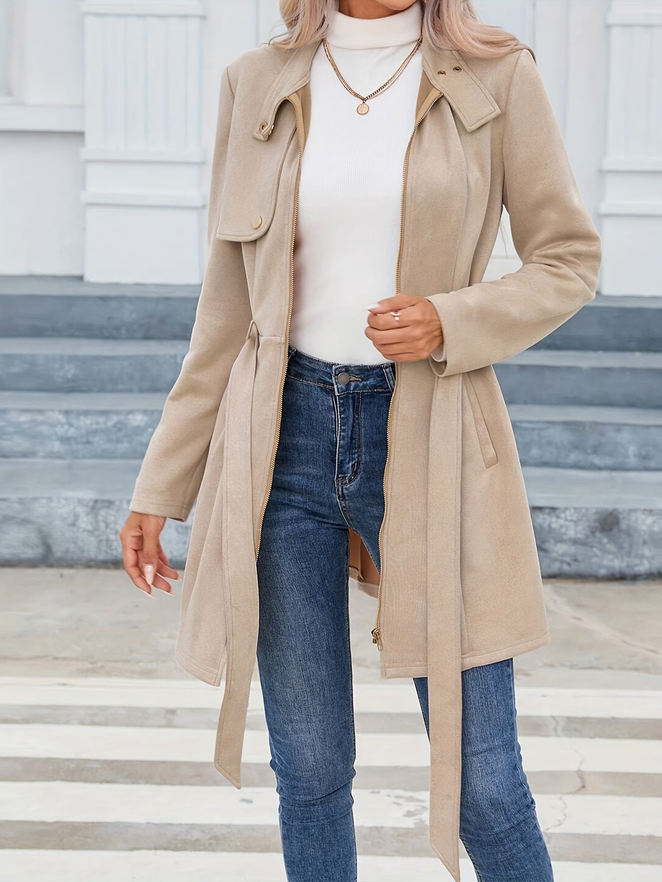 Elegant Mid-Length Women's Coat with Waist Tie – Timeless Design for Spring and Autumn