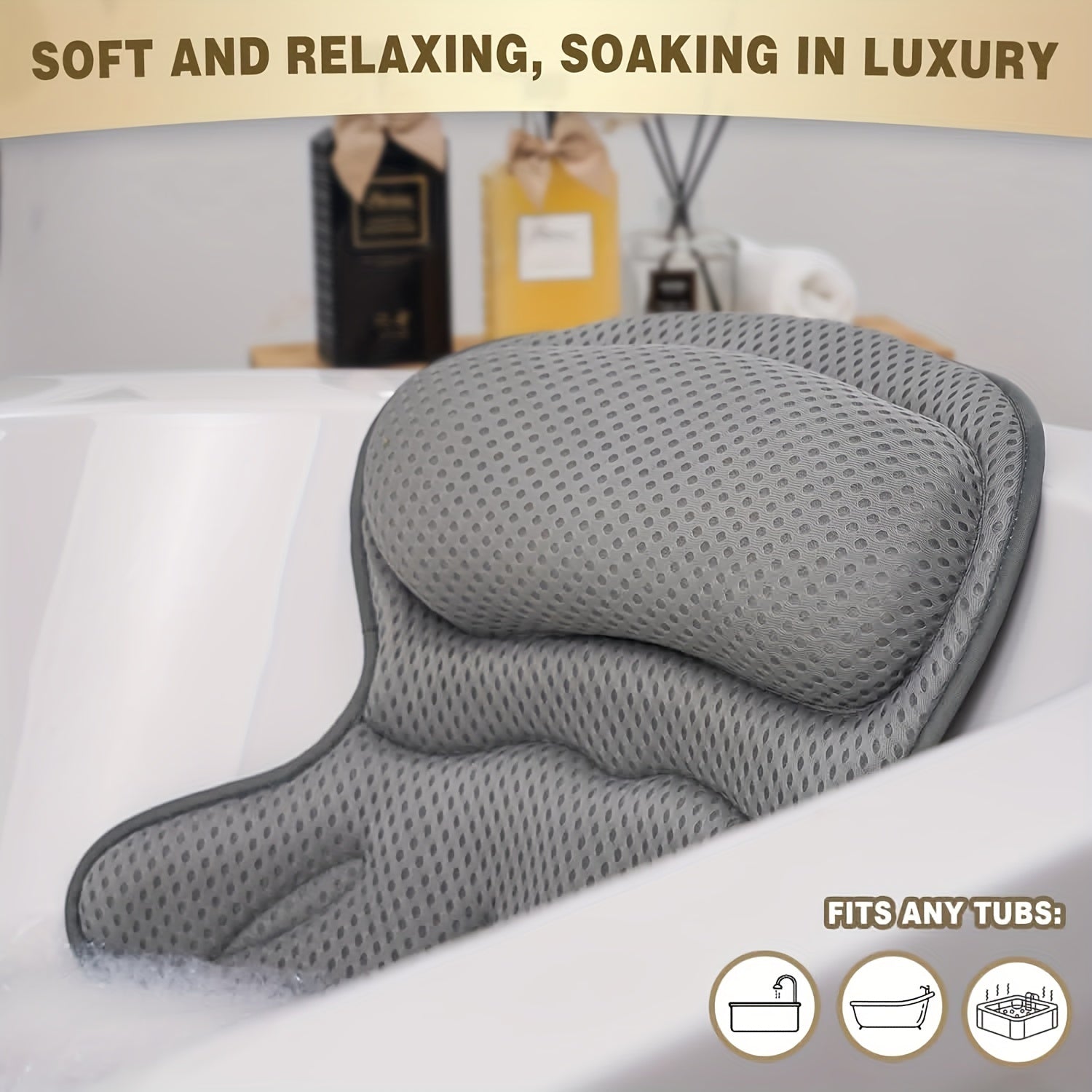 LuxieSpa 4D Luxe Bath Pillow - Breathable Pillow with Neck and Back Support for a Relaxing Bath