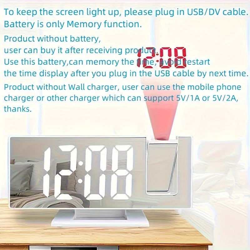 Digital Mirror Alarm Clock with Projection – Large LED Display and Multifunctional Alarm Feature