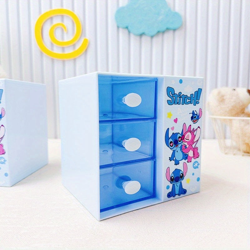 Disney Stitch Cartoon 3-Compartment Storage Box – Multifunctional Organizer for Desk, Jewelry, and Toys