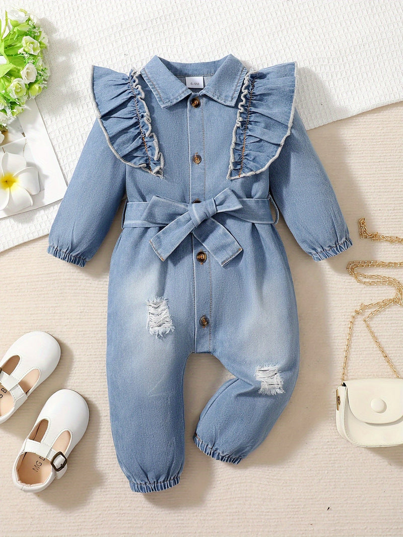 Denim Dreamcatcher Romper for Children – Playful Ruffles and Edgy Details