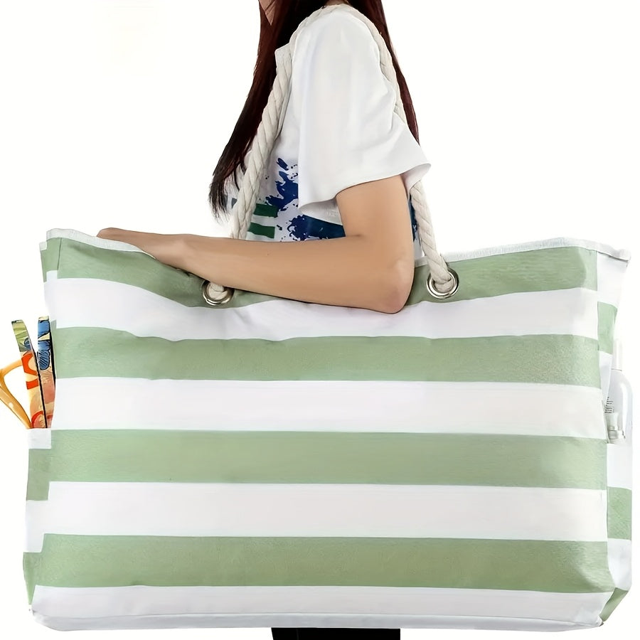 Striped Beach Bag – Spacious Travel Bag with Rope Handles for Transport and Outdoor Vacations