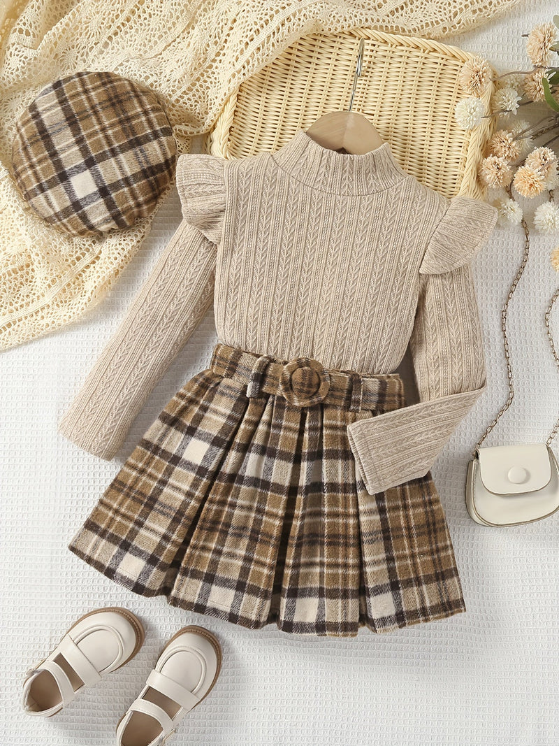 Eva Winter Outfit for Children - Turtleneck Sweater with Checked Skirt and Hat