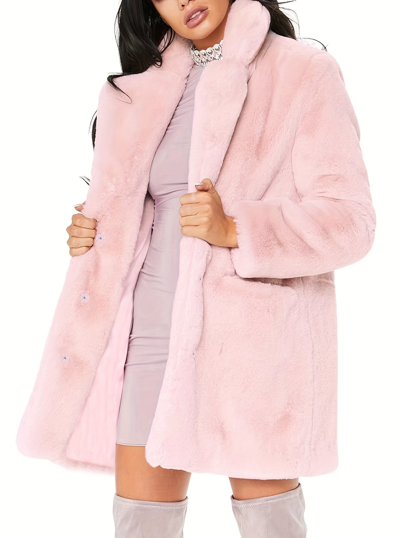 Elegant Women's Mid-Length Winter Faux Fur Coat - Stylish and Warm for Cold Months