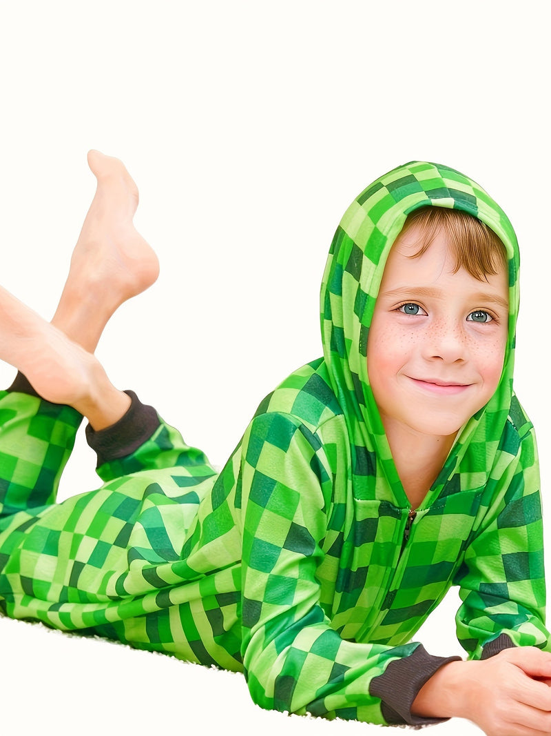 Minecraft Inspired Green Checkered Onesie for Kids – Perfect for Halloween and Parties
