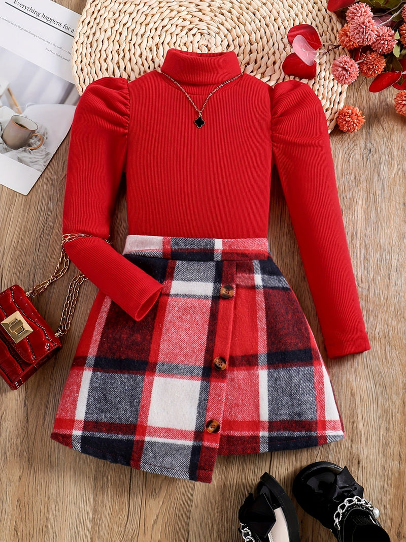 Feline Elegant Turtleneck Outfit for Kids - Checkered Skirt and Sweater Set