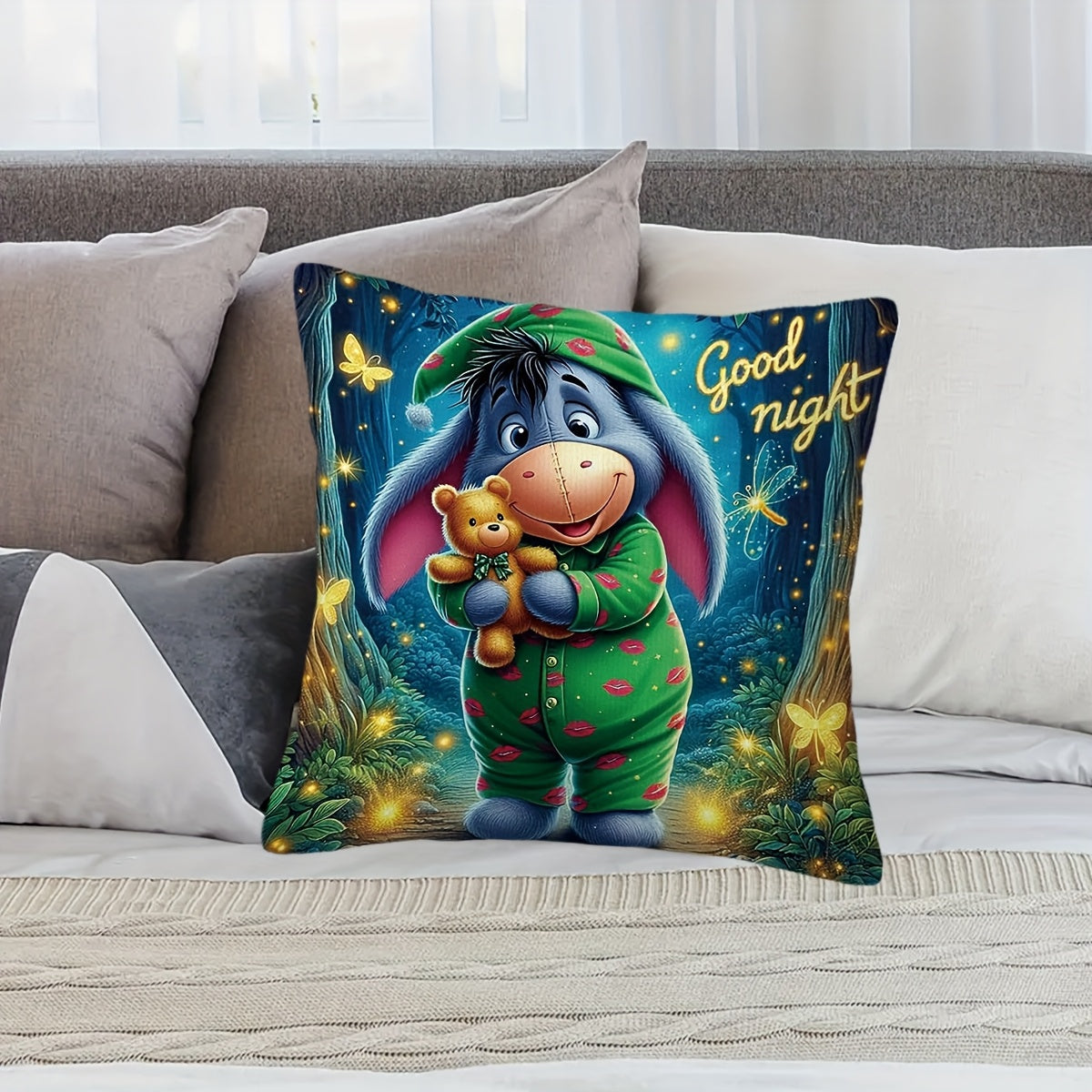 Eeyore Plush Cushion Cover - Playful Double-Sided Design with Zipper for Living Room and Bedroom