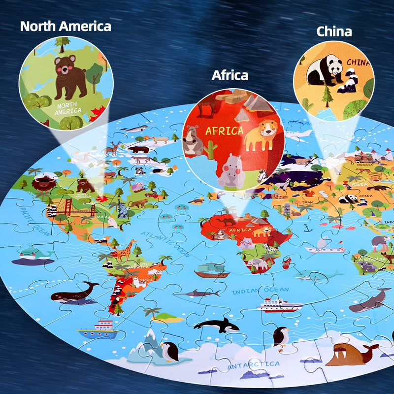 70-Piece Animal Floor Puzzle – Round World Map Design for Kids