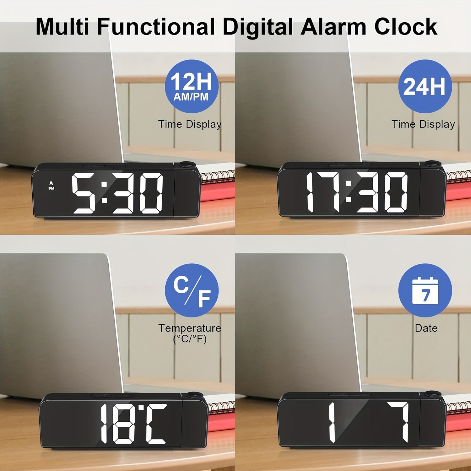 LED Projection Alarm Clock – Temperature and Date Display with USB Power