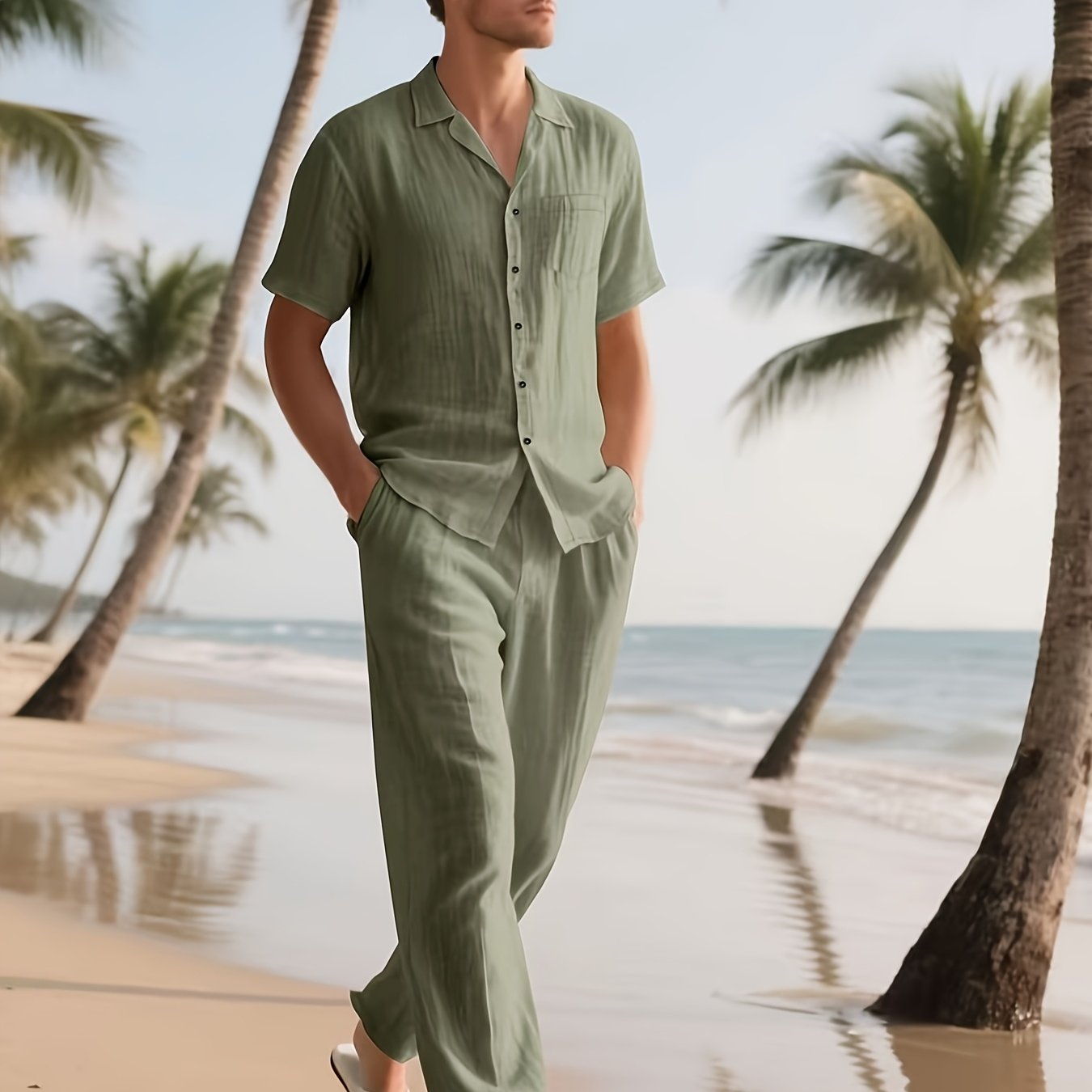Men's Casual Linen Set – Comfortable and Breezy with Long Pants and Short Sleeves