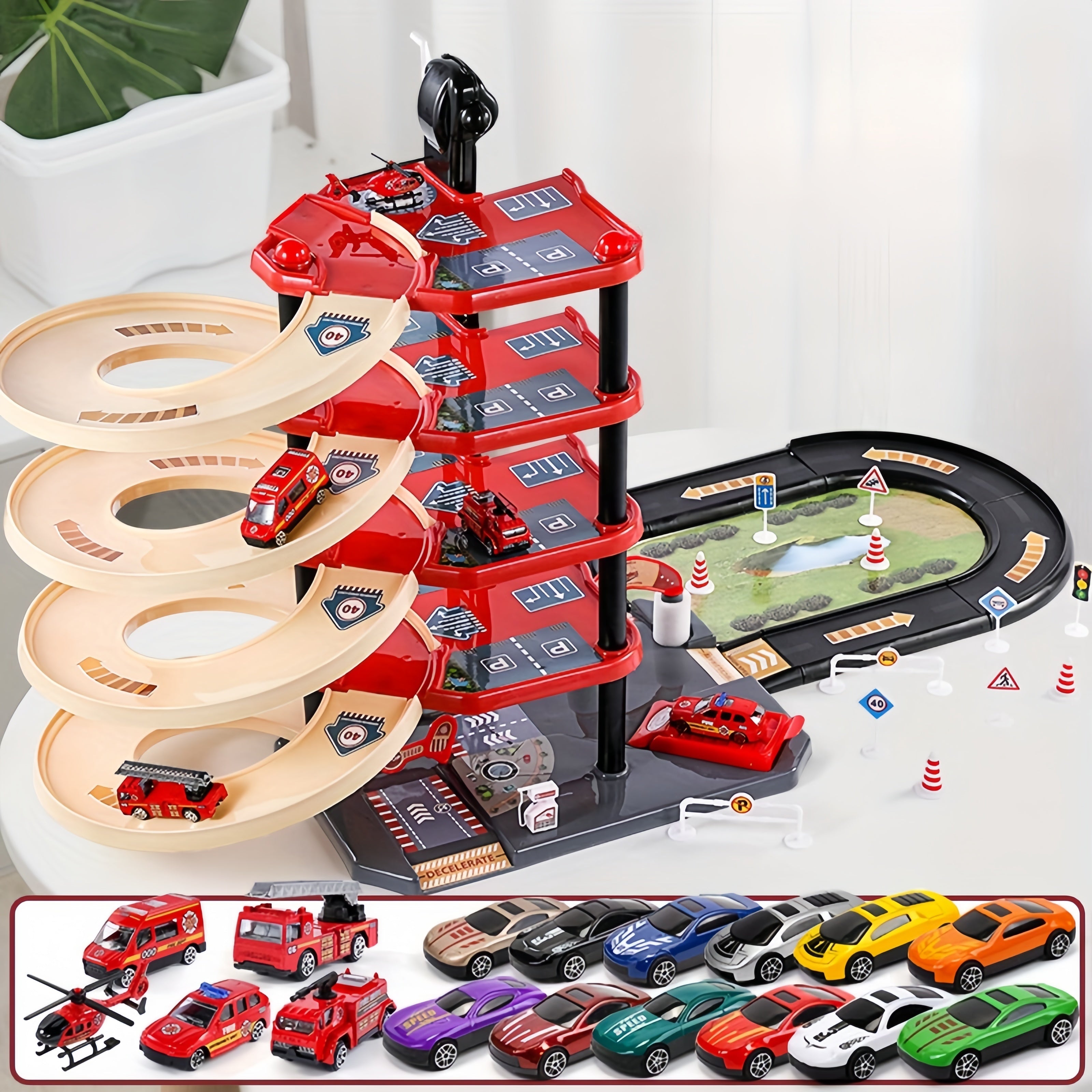 FirePark Garage Playset - Multi-Level with Fire Trucks and Traffic Signs