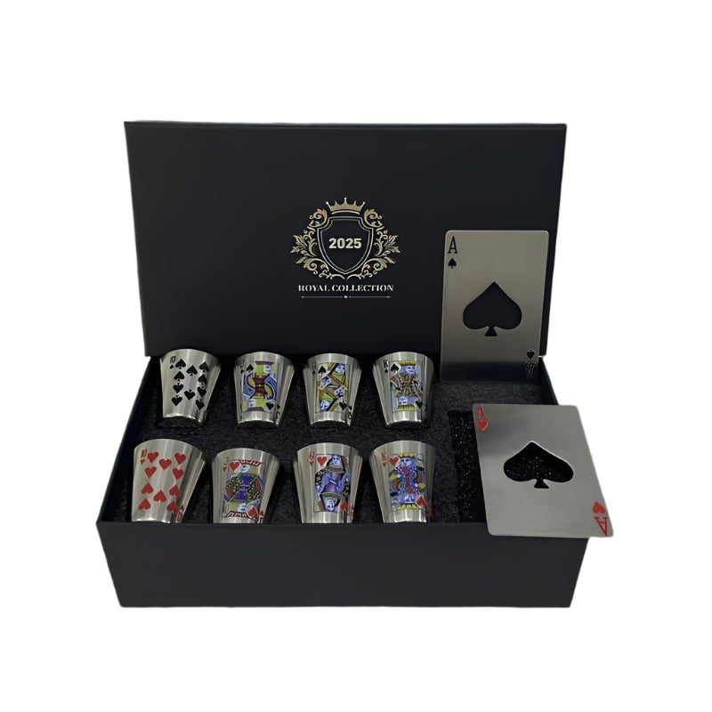 Royal Playing Card Whiskey Glass Set – Stainless Steel & Bottle Openers