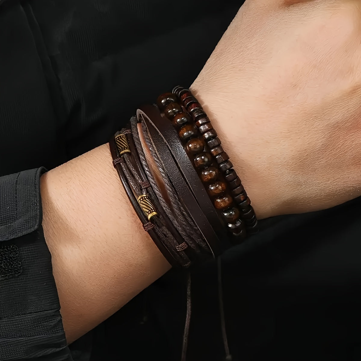 Stylish Leather and Wooden Bracelets Set - For the Modern Man