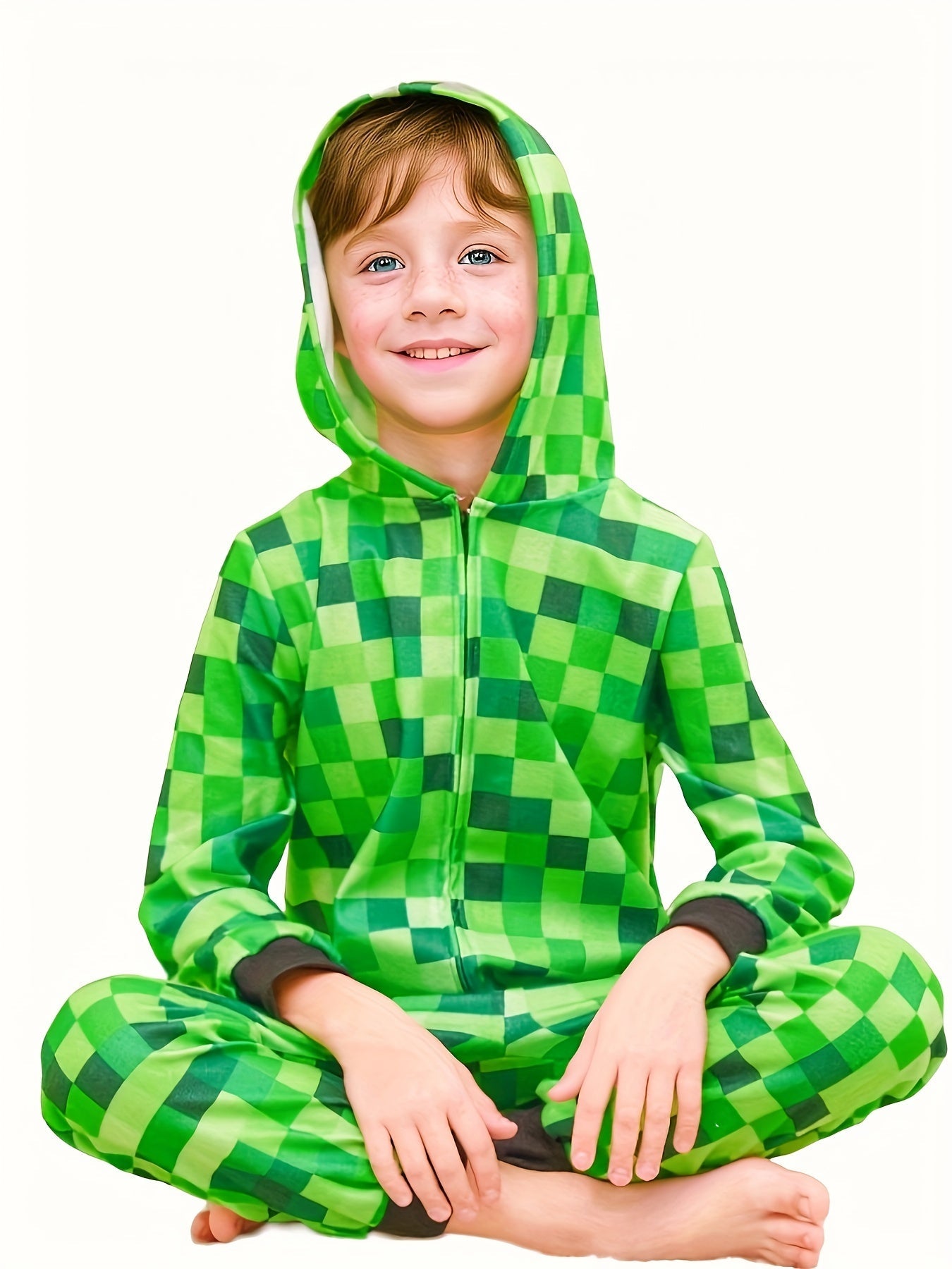 Minecraft Inspired Green Checkered Onesie for Kids – Perfect for Halloween and Parties