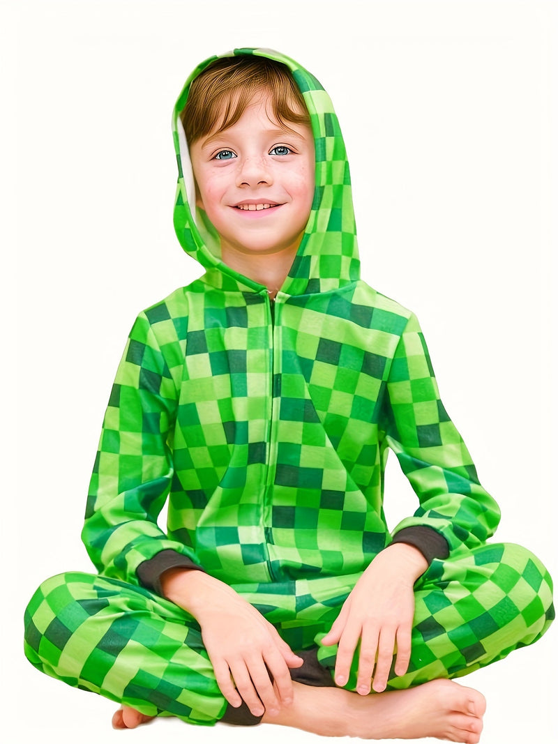 Minecraft Inspired Green Checkered Onesie for Kids – Perfect for Halloween and Parties