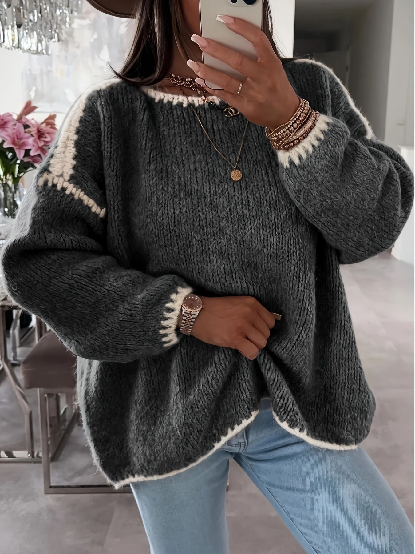 Off-The-Shoulder Color Block Sweater - Casual and Comfortable for Autumn and Winter
