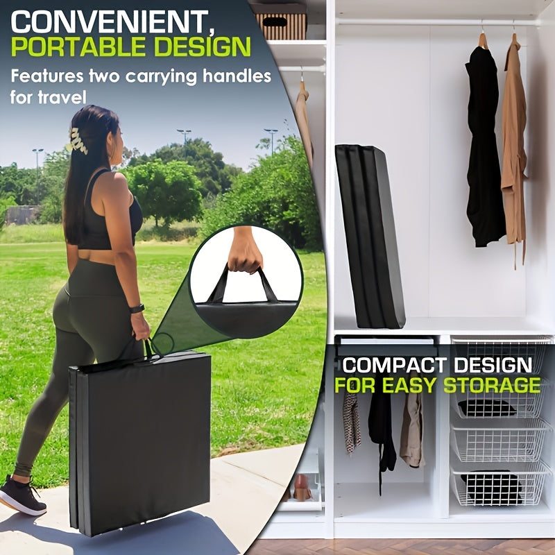 Portable Triptych Yoga Mat with Thick Padding, Non-Slip PU Surface, and Handle