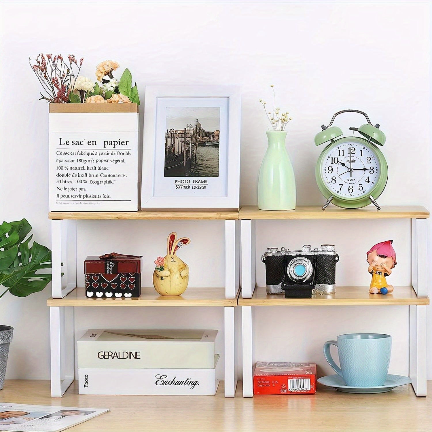 2-Piece Adjustable Bamboo Storage Racks – Stylish and Space-Saving for Cabinets or Countertops