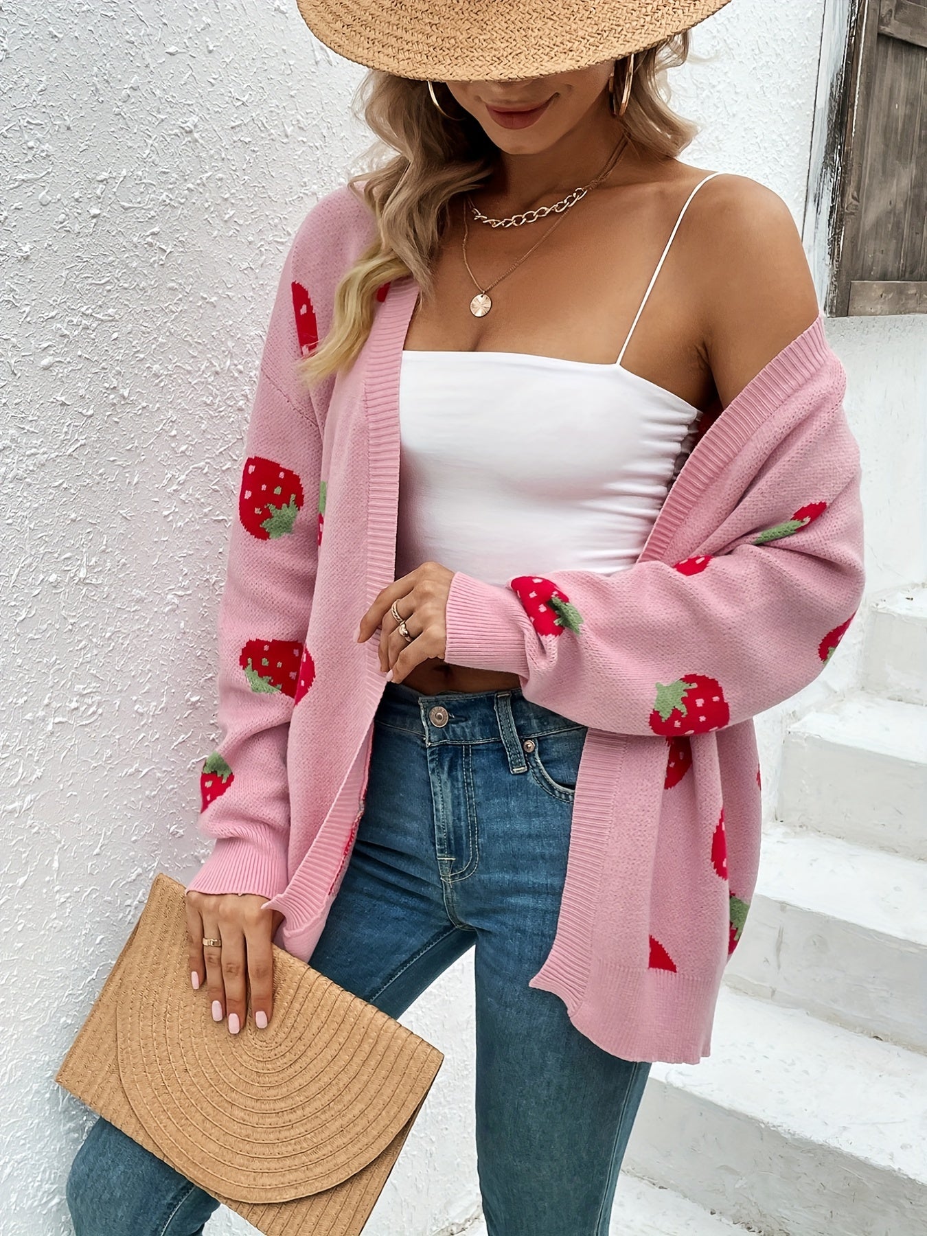 Ladies Strawberry Print Cardigan – Trendy and Comfortable for Spring and Autumn