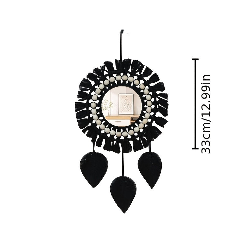 Boho Macramé Wall Mirror with Fringes – Decorative Mirror with Beads and Feathers