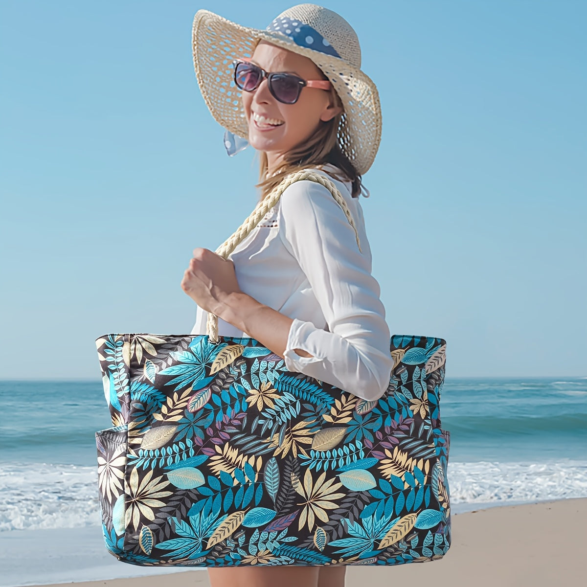 Trendy Large Beach Bag with Leaf Print - Spacious, Durable, and Perfect for Vacation