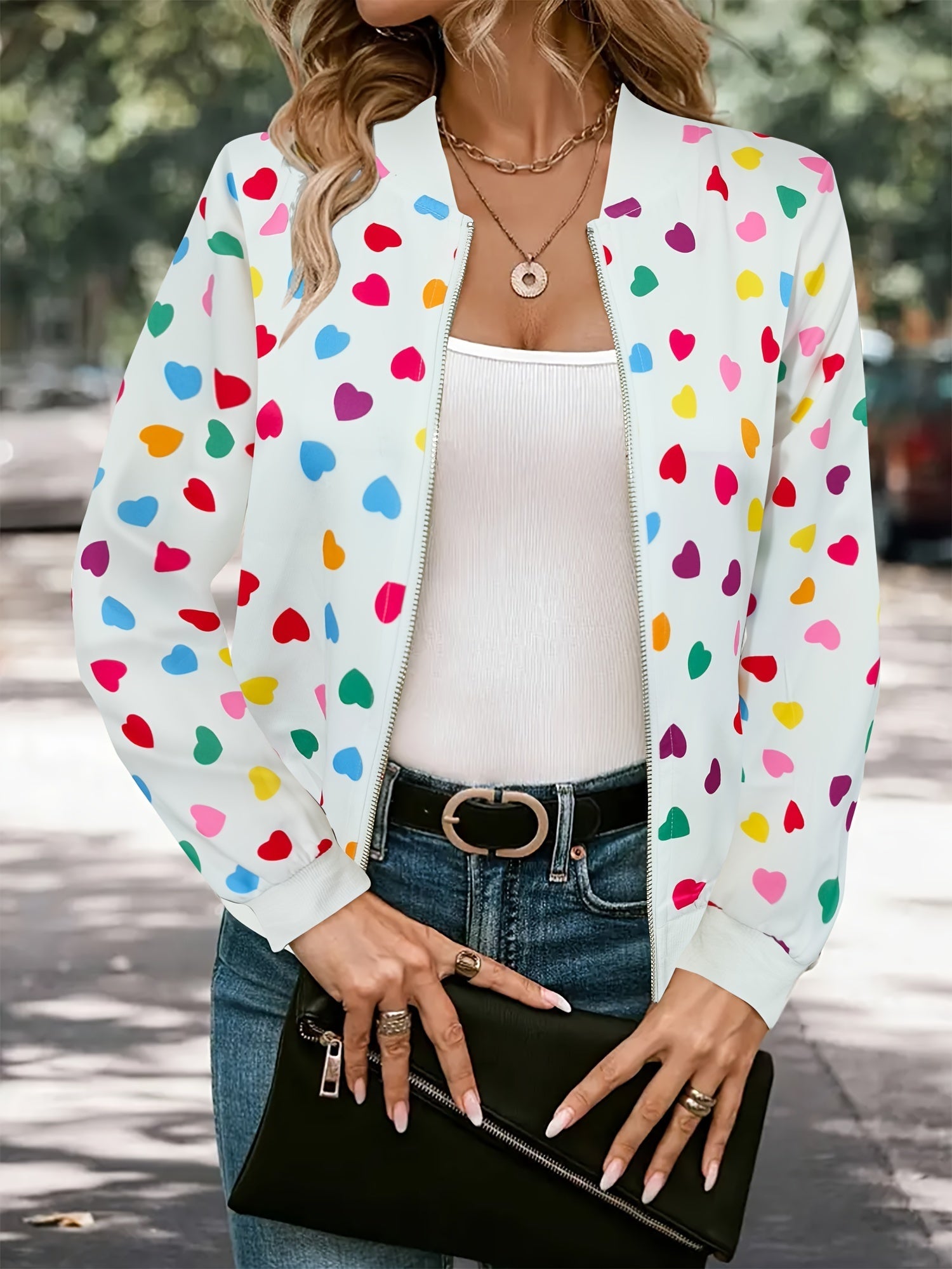 Joyful Hearts Bomber Jacket – Stylish and Comfortable Zip-up Jacket for Spring and Autumn