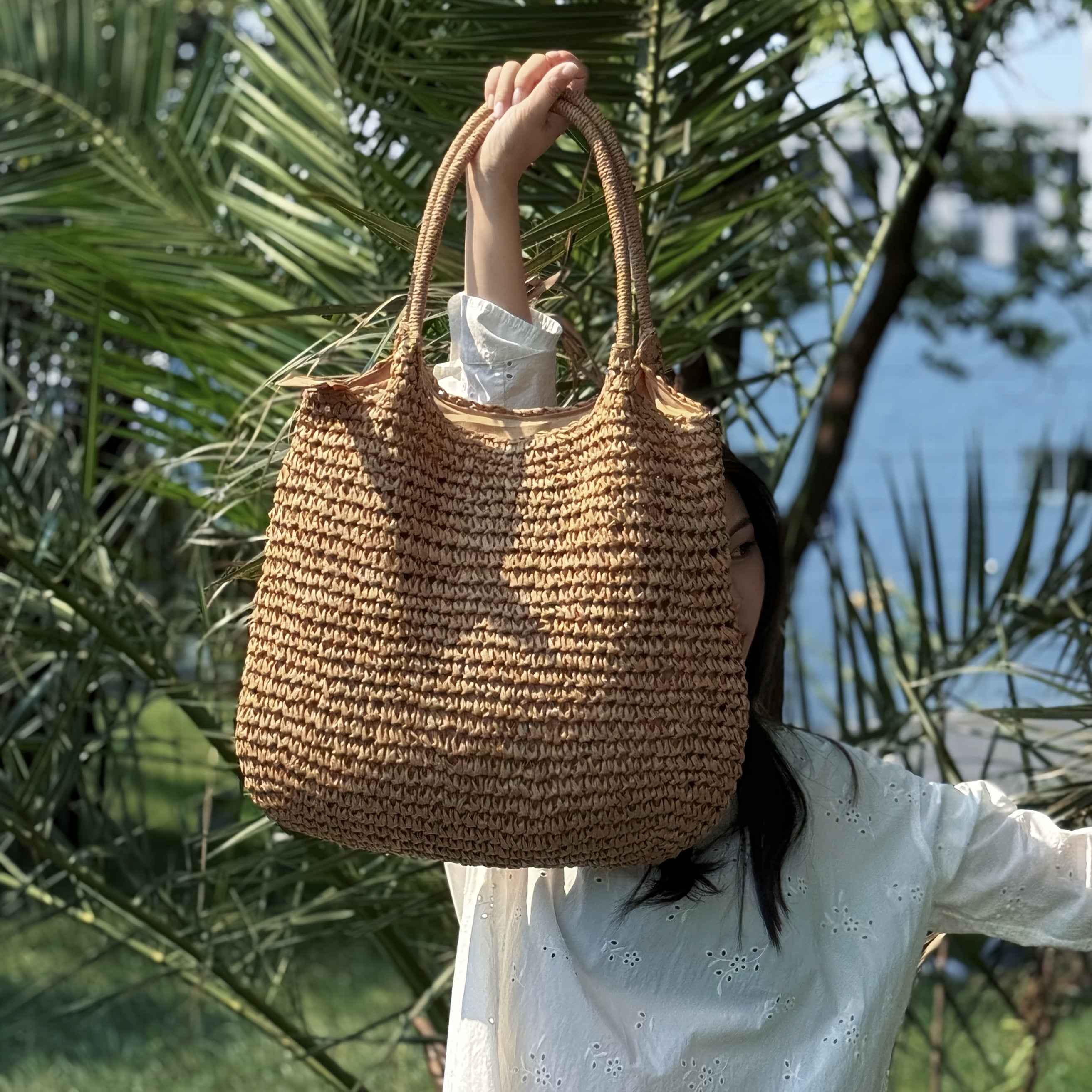 Ladies Large Capacity Woven Tote Bag with Zipper