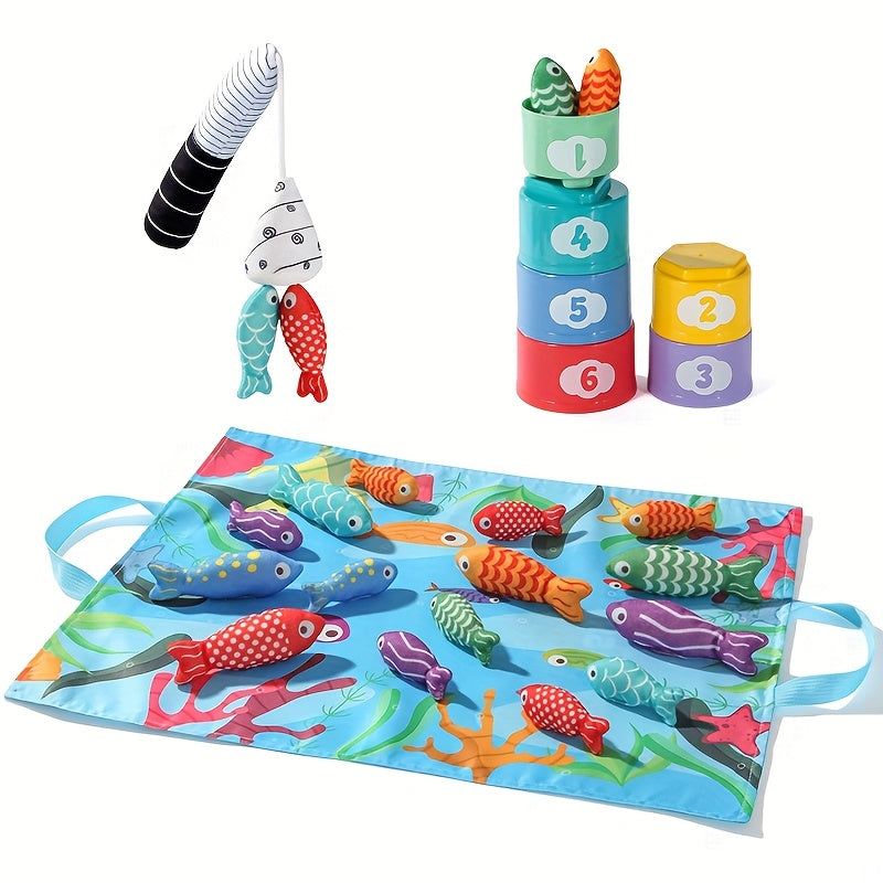 Kids’ Fabric Fishing Set – Plush Fish and Stacking Cups for Learning Fun