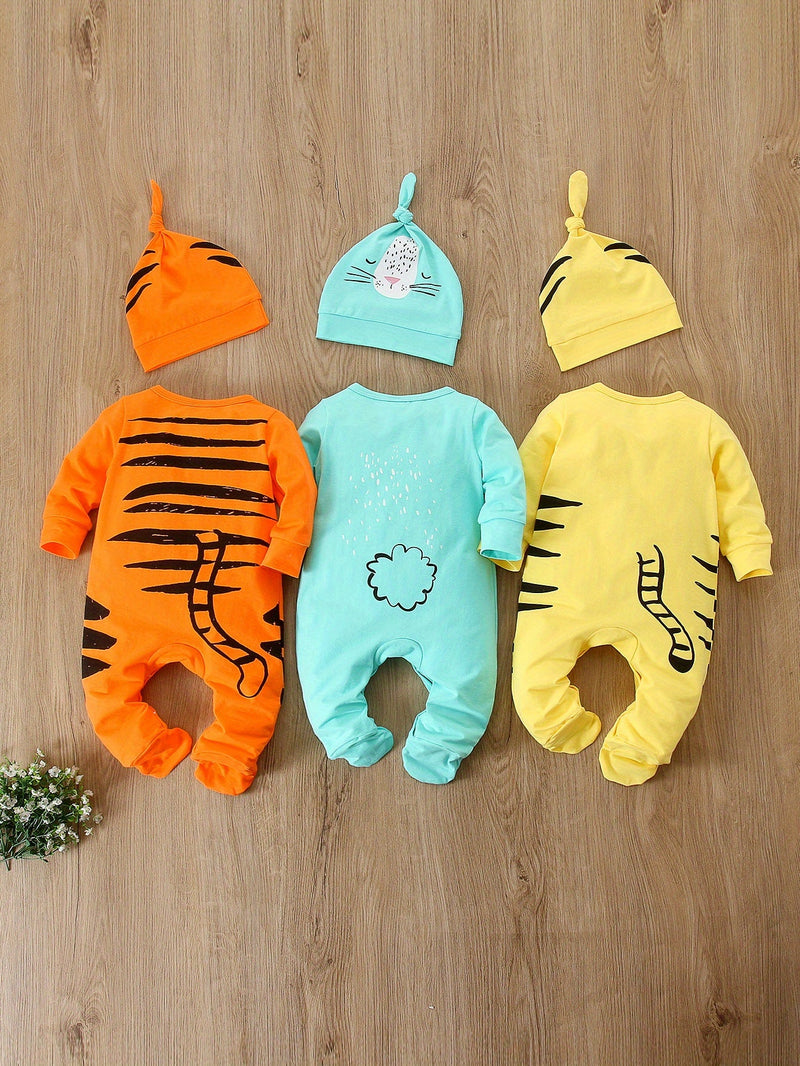 Set of 6 Baby Rompers with Animal Prints – Including Hats for Baby Boys