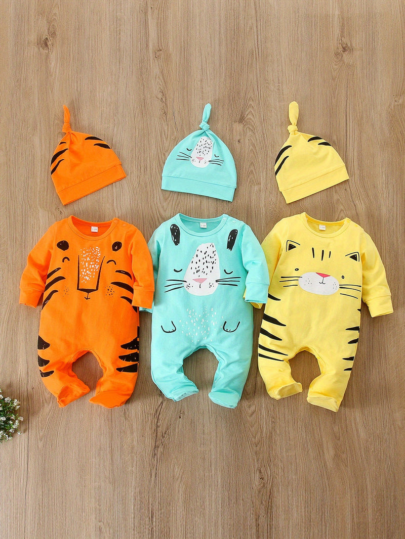 Set of 6 Baby Rompers with Animal Prints – Including Hats for Baby Boys