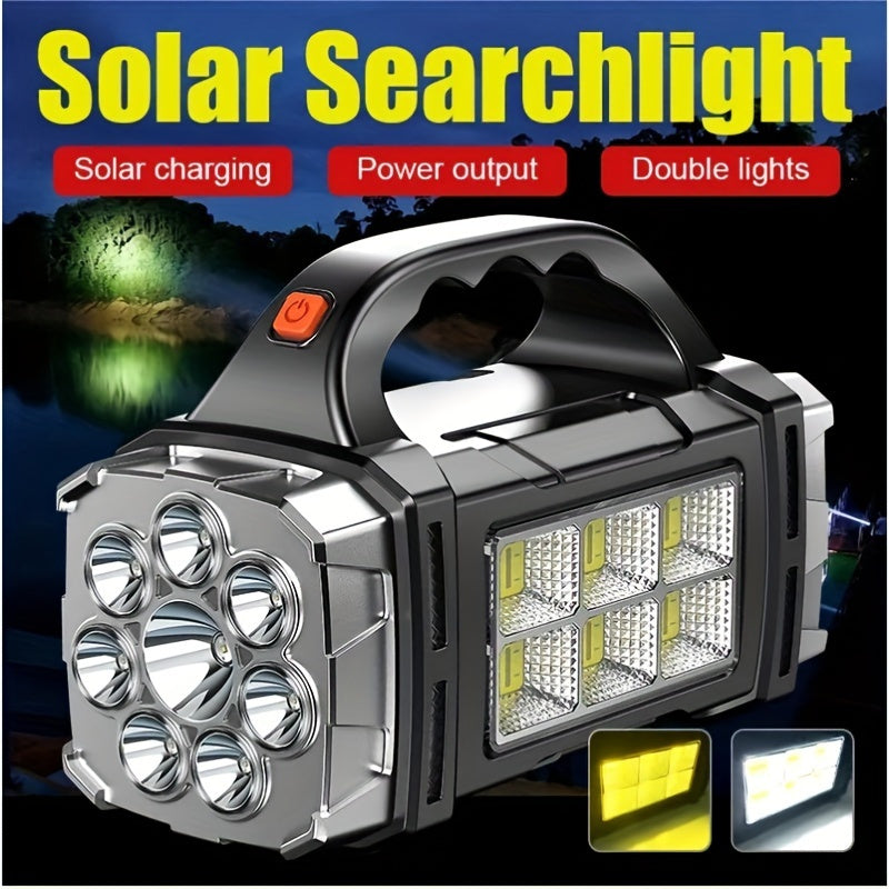 Super Bright LED Spotlight – Rechargeable Power Bank with USB and Solar Energy for Outdoor Adventures