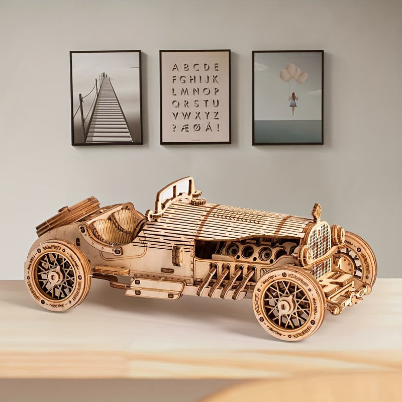Vintage 3D Wooden Car Puzzle – Mechanical Model with Gears and Detailed Design