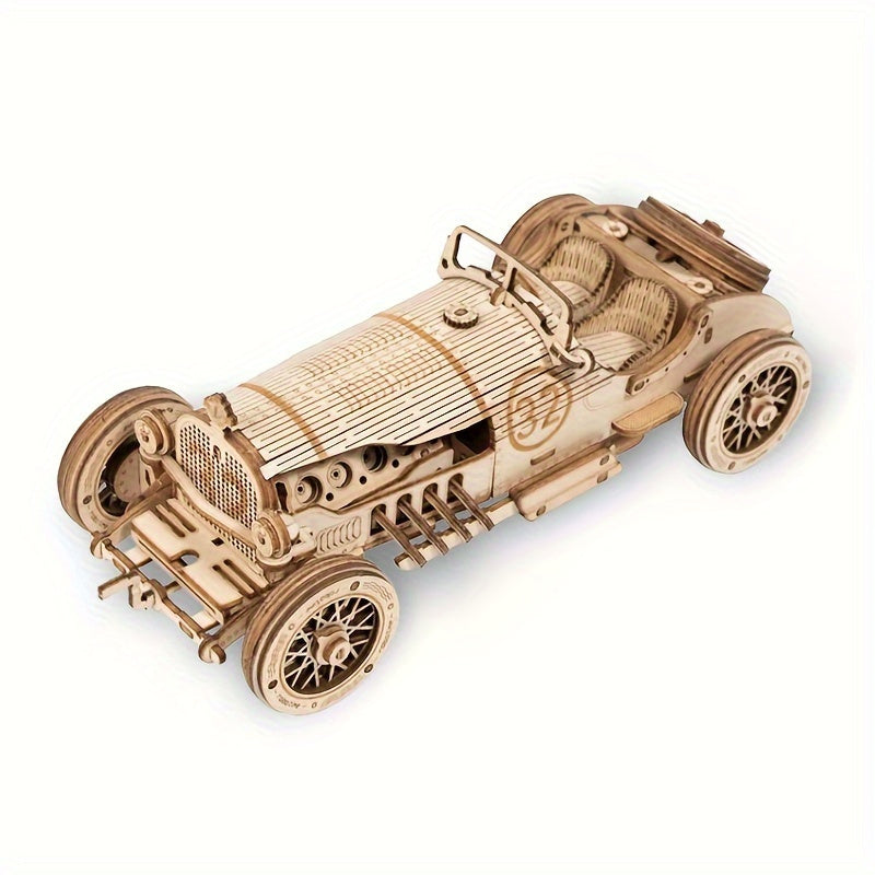 Vintage 3D Wooden Car Puzzle – Mechanical Model with Gears and Detailed Design
