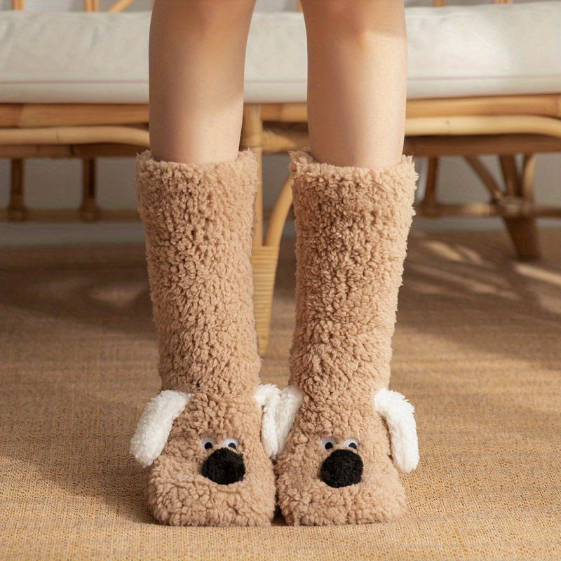 Ladies Cozy Cartoon Dog Winter Socks - Soft and Warm Slipper Socks with Cute Animal Design