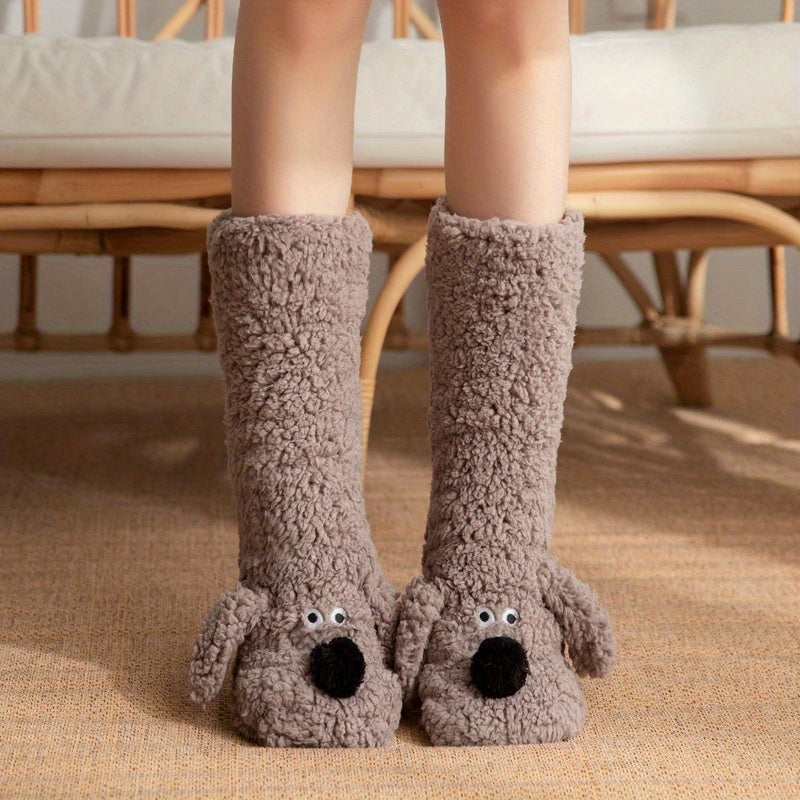 Ladies Cozy Cartoon Dog Winter Socks - Soft and Warm Slipper Socks with Cute Animal Design