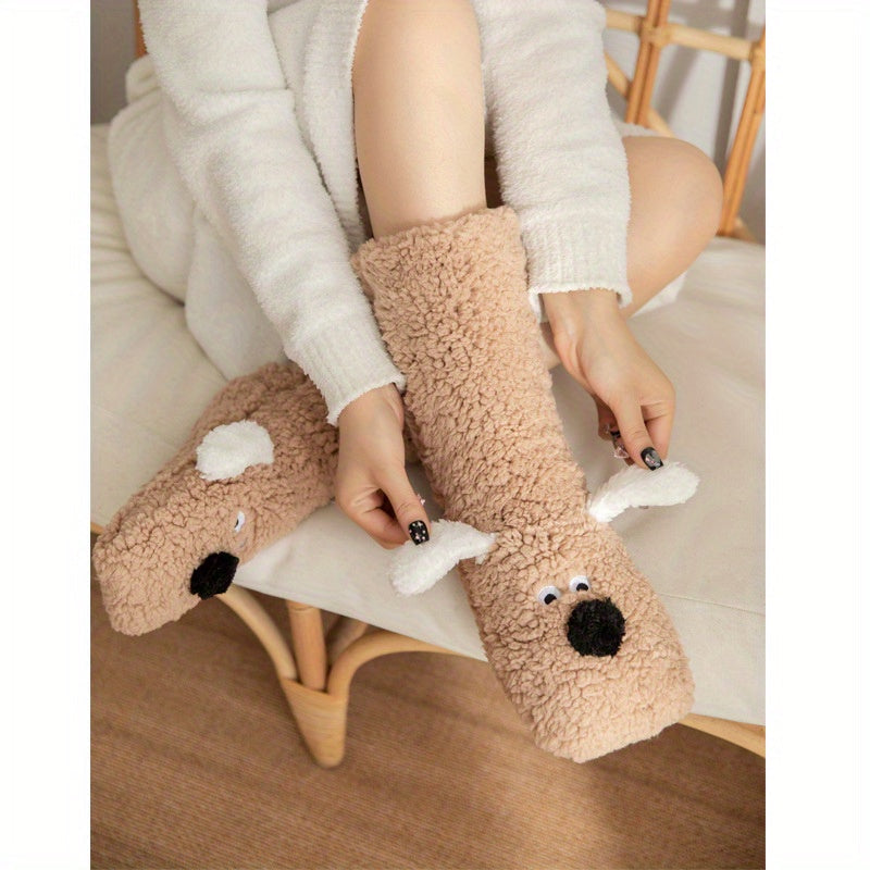 Ladies Cozy Cartoon Dog Winter Socks - Soft and Warm Slipper Socks with Cute Animal Design