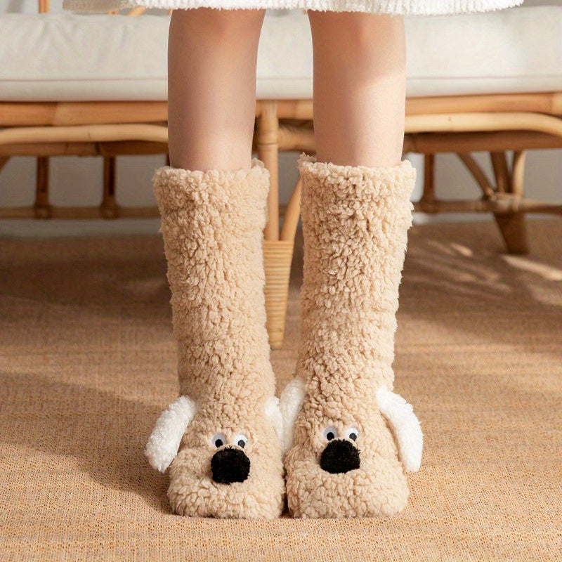 Ladies Cozy Cartoon Dog Winter Socks - Soft and Warm Slipper Socks with Cute Animal Design
